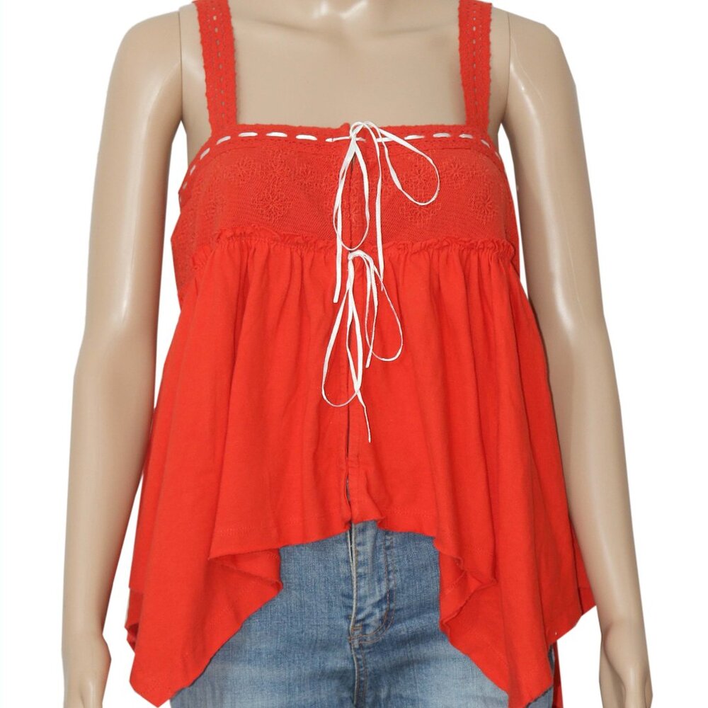 Free People Melrose Knit Tank Red Babydoll Embroidered Lace Straps S - Picture 2 of 5